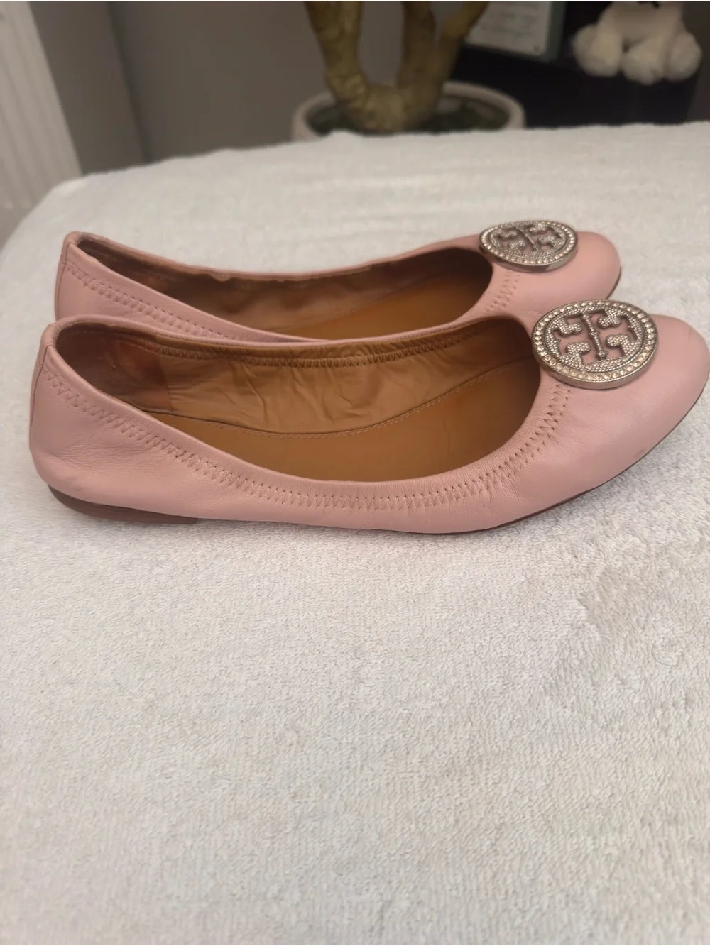 Tory Burch Blush Pink Leather Logo Ballet Flats Size 8.5